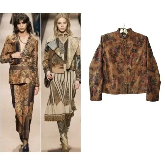 Leather Suede Jacket Cottagecore Romantic Floral Snap Down Vintage - Picture 2 of 16